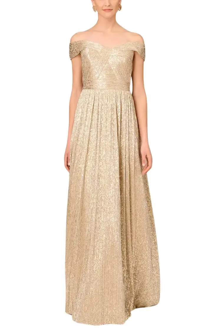 Aidan Mattox Gold Off the Shoulder Metallic Pleated Mesh Gown, Size 6