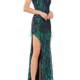 Colors Deep Green Sequin and Feathers on Black One Shoulder Gown, Size 22
