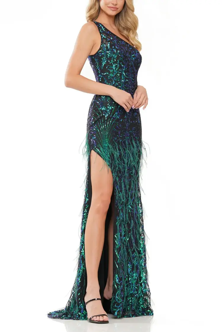 Colors Deep Green Sequin and Feathers on Black One Shoulder Gown, Size 22
