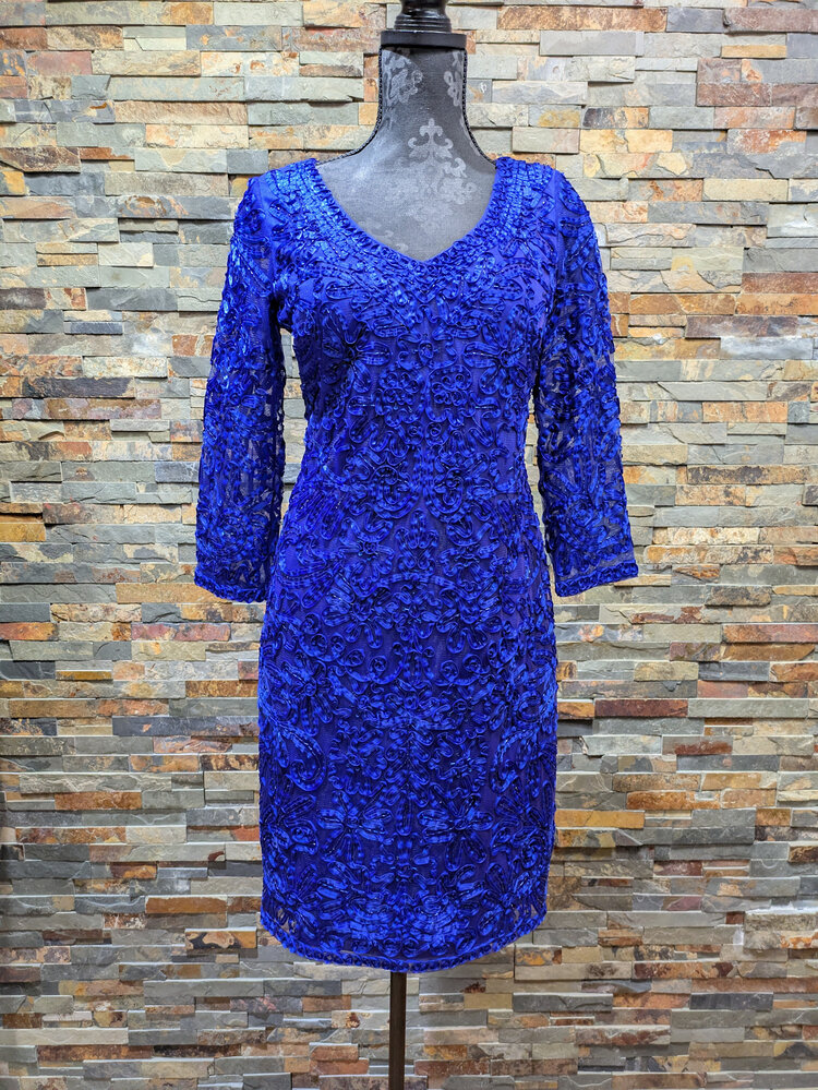 Sue Wong Royal Long Sleeve w/ Ribbon and Bead Embellishments Dress, Size 8