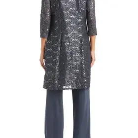R & M Richards Charcoal w/ Silver Sequin Lace Jacket, Top and Pants Set, Size 12