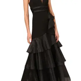 Aidan Mattox Black Tiered Halter Trumpet Ruffled  Gown, Size 16