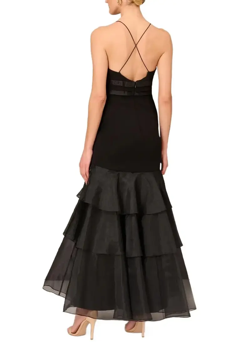 Aidan Mattox Black Tiered Halter Trumpet Ruffled  Gown, Size 16