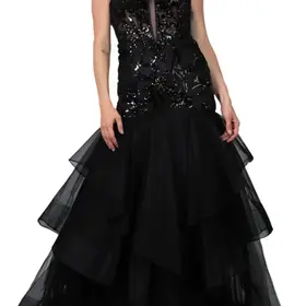 Colors Black Embroidered Plunging Neckline Gown, Size 16