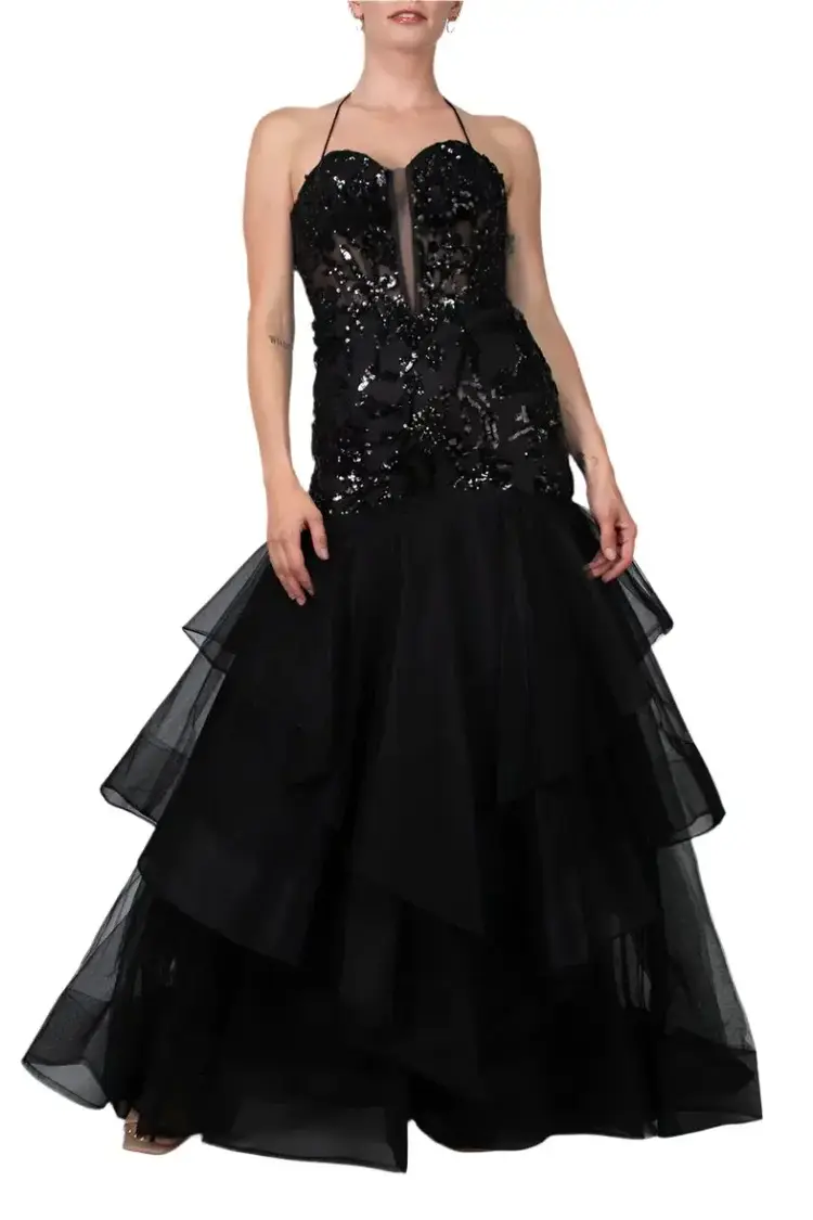 Colors Black Embroidered Plunging Neckline Gown, Size 16