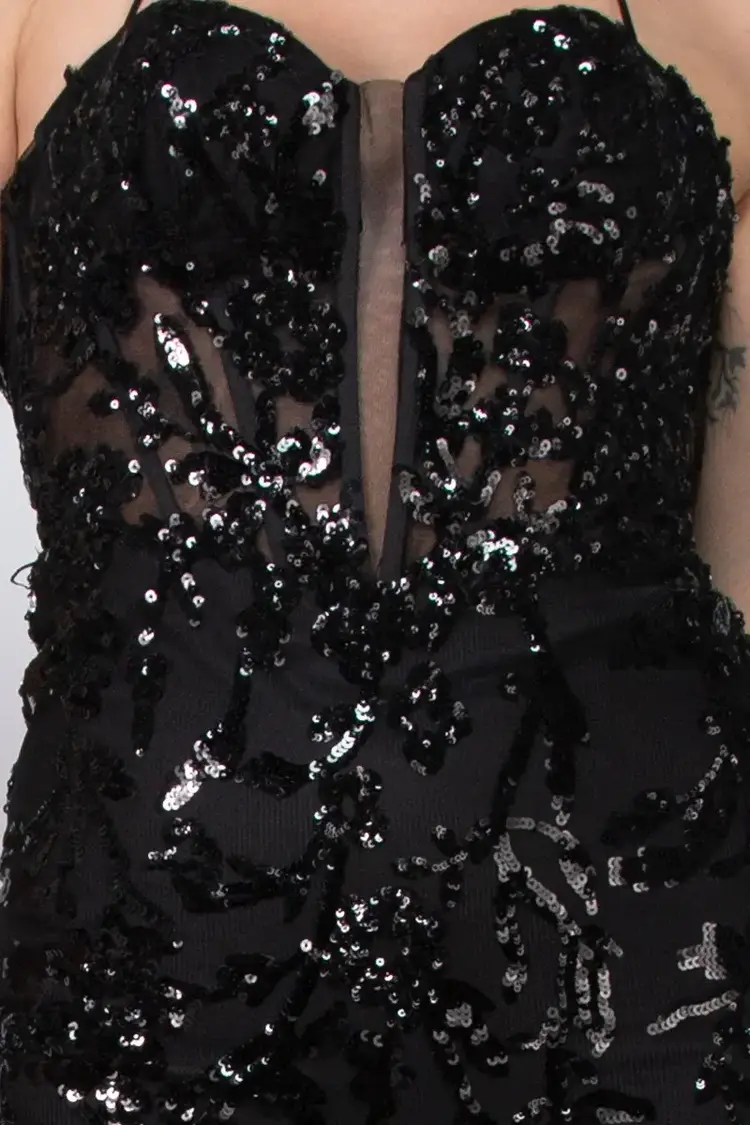 Colors Black Sequin Gown w/Illusion Corset Bodice, Size 16