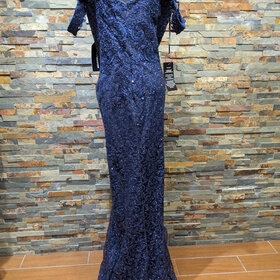 Navy Off the Shoulder Sequin Mesh Gown, Size 22