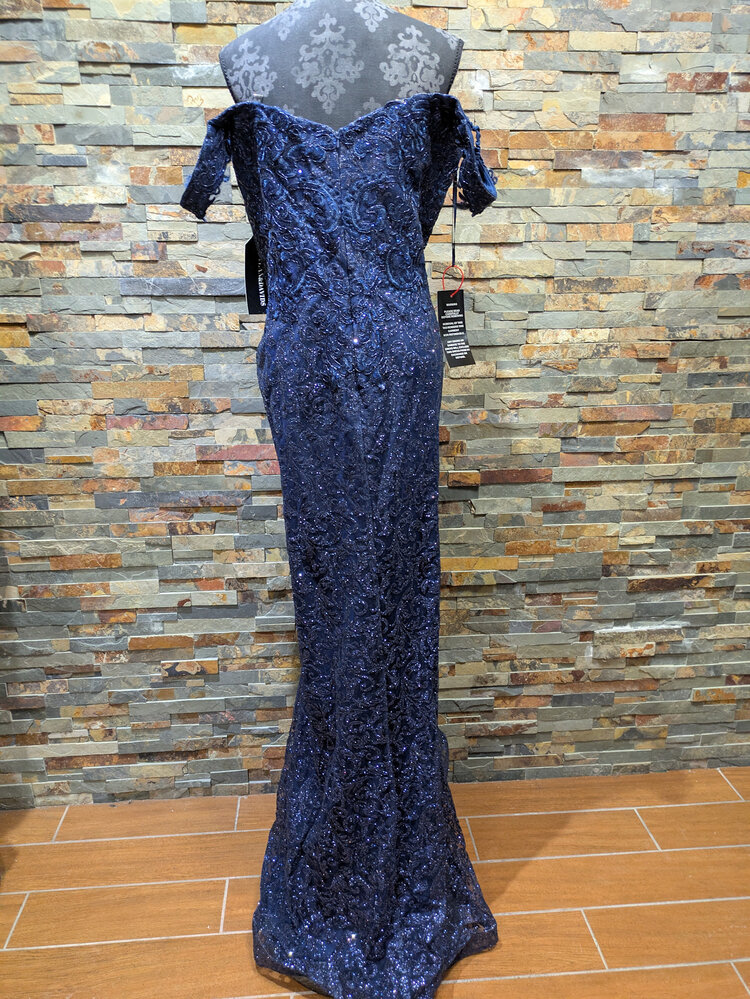 Navy Off the Shoulder Sequin Mesh Gown, Size 22
