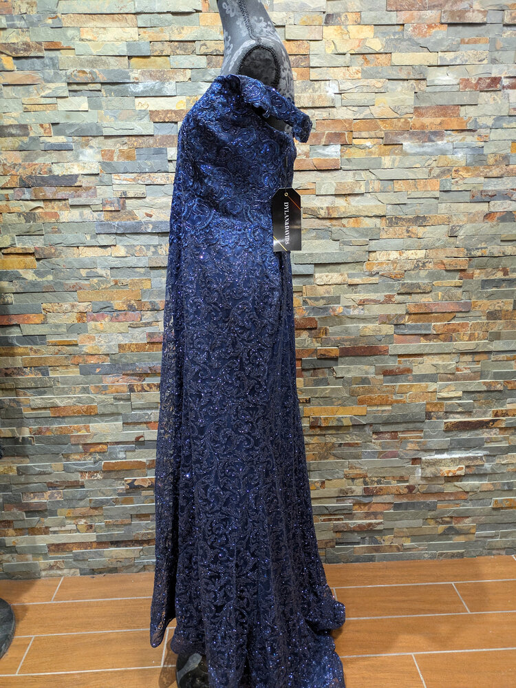 Navy Off the Shoulder Sequin Mesh Gown, Size 22