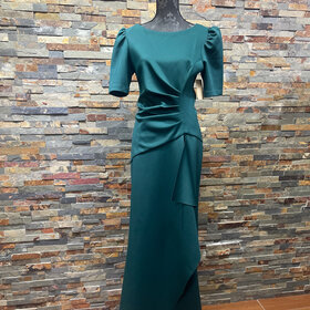 Xscape Hunter Green Stretchy Ruched Shortsleeve Gown, Size 10