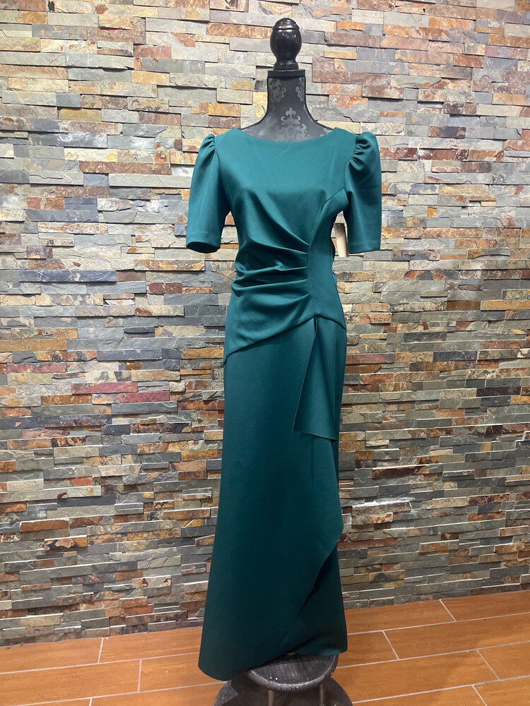 Xscape Hunter Green Stretchy Ruched Shortsleeve Gown, Size 10