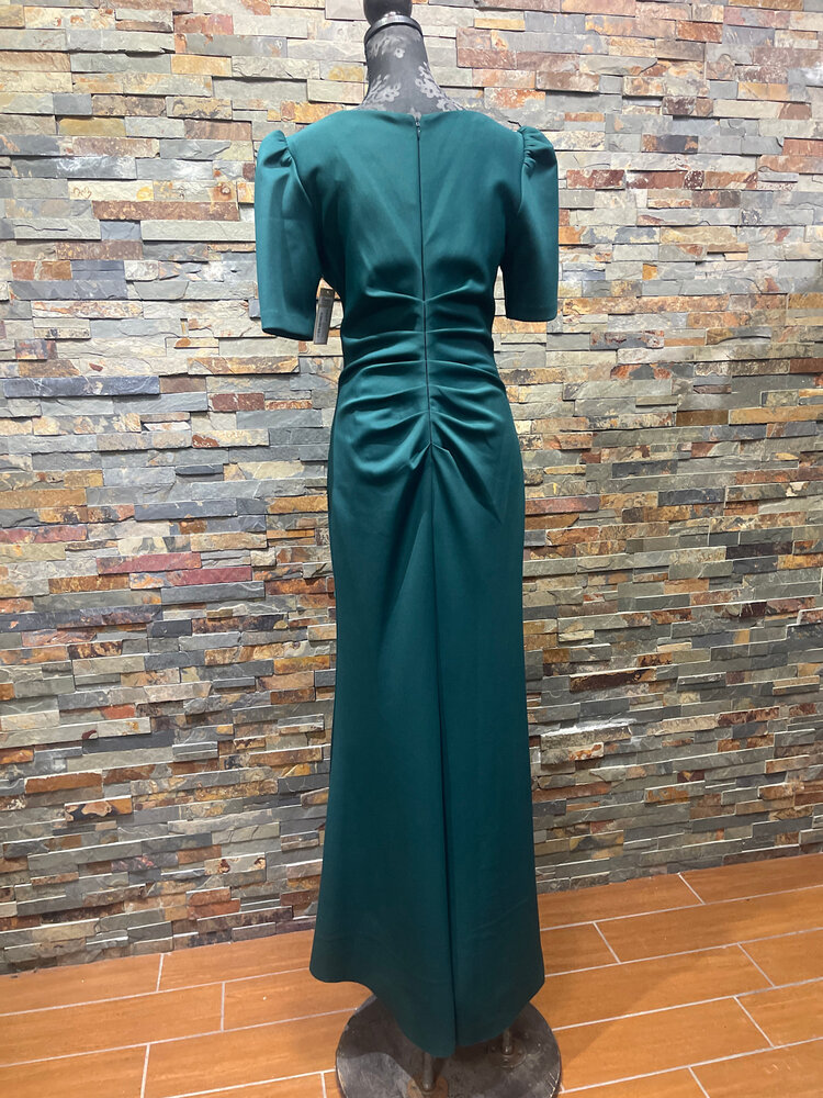 Xscape Hunter Green Stretchy Ruched Shortsleeve Gown, Size 10