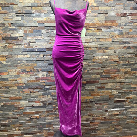 Fuschia Velvet Spaghetti Straps with Side Slit Gown, Size L