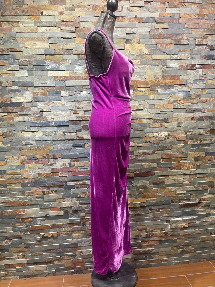 Fuschia Velvet Spaghetti Straps with Side Slit Gown, Size L