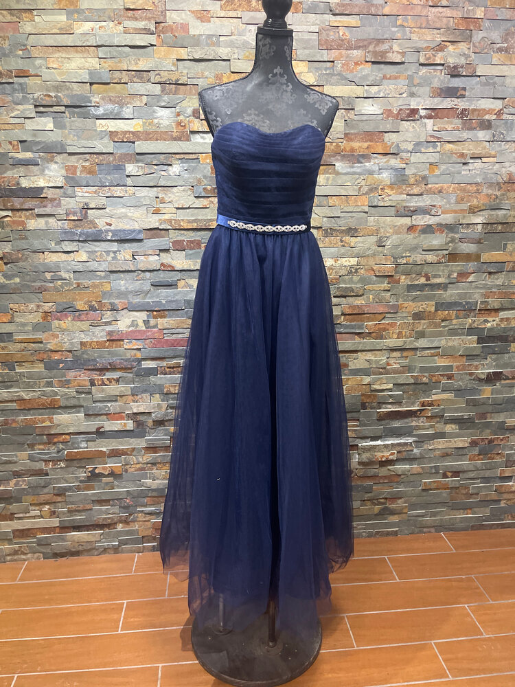 Navy Blue Strapless Gown Rhinestone Belt Size 6