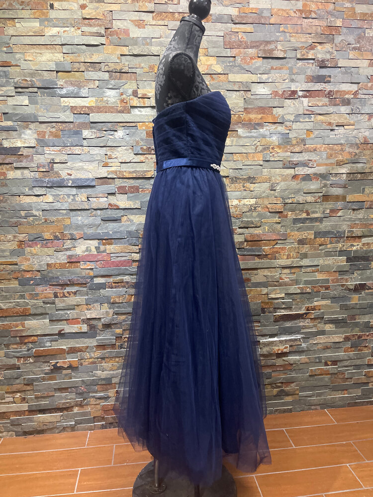 Navy Blue Strapless Gown Rhinestone Belt Size 6