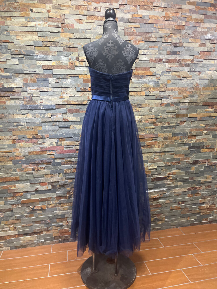 Navy Blue Strapless Gown Rhinestone Belt Size 6