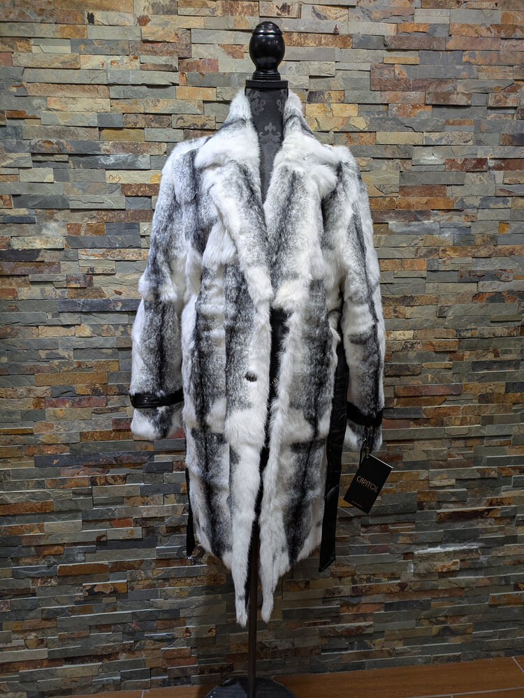 White and Black Lapin Rabbit Belted Coat, Size XL