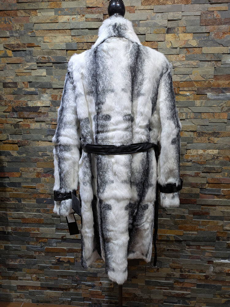White and Black Lapin Rabbit Belted Coat, Size XL
