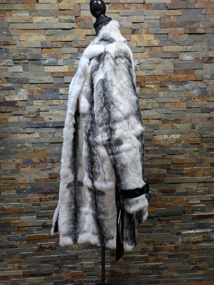 White and Black Lapin Rabbit Belted Coat, Size XL