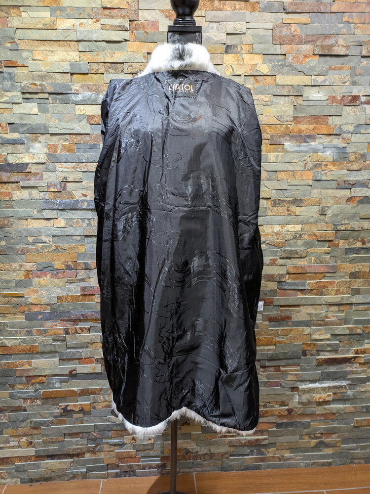 White and Black Lapin Rabbit Belted Coat, Size XL