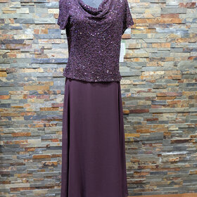 Jkara Plum Beaded Top Cowl Neck Gown with Cap Sleeves, Size 12P