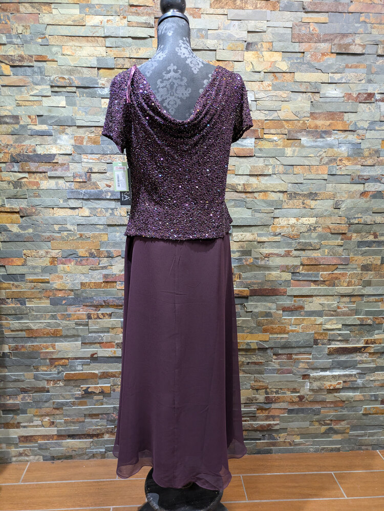 Jkara Plum Beaded Top Cowl Neck Gown with Cap Sleeves, Size 12P