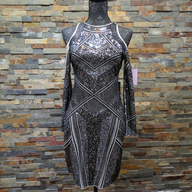 Express White Dress with Gray & Black Sequin Design Cutout Shoulder, Size S