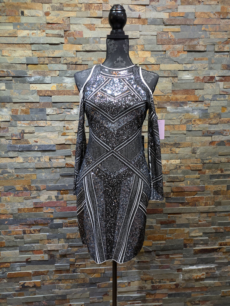 Express White Dress with Gray & Black Sequin Design Cutout Shoulder, Size S