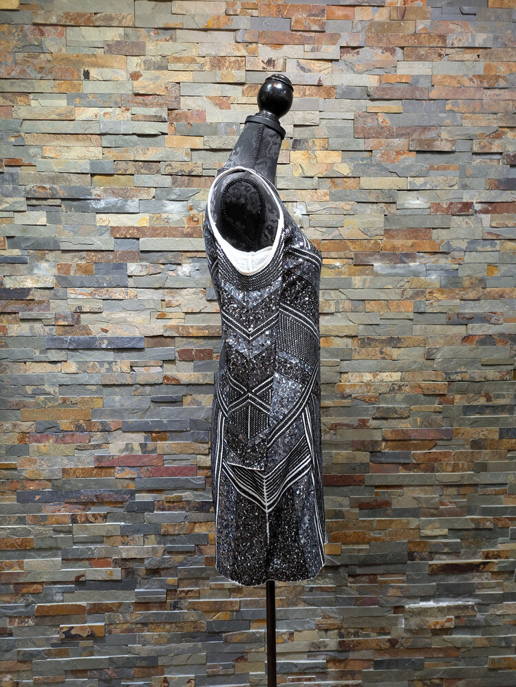 Express White Dress with Gray & Black Sequin Design Cutout Shoulder, Size S