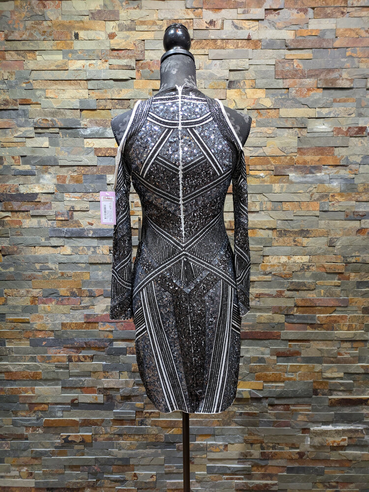 Express White Dress with Gray & Black Sequin Design Cutout Shoulder, Size S