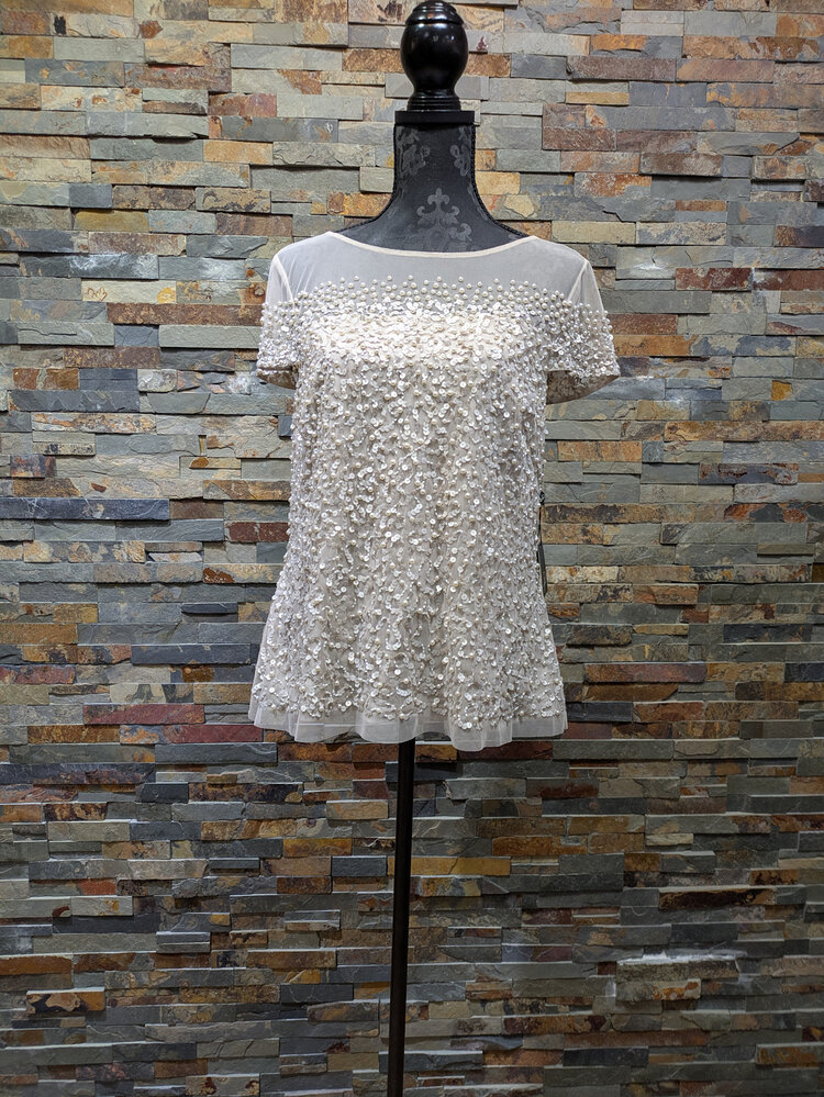 Adrianna Papell Biscotti Beige Sequin and Pearl Beaded Top, Size 14