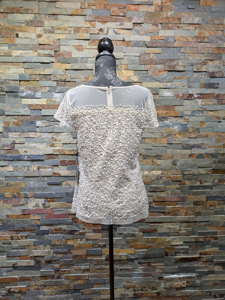 Adrianna Papell Biscotti Beige Sequin and Pearl Beaded Top, Size 14