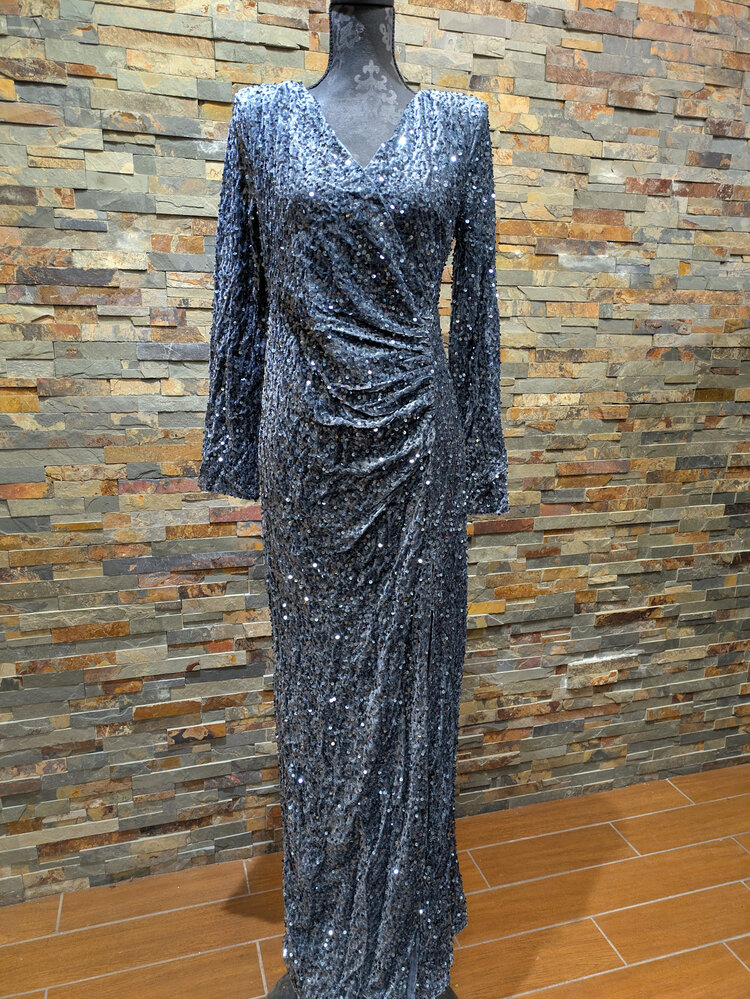 Slate Blue Sequined Long Sleeved Gown