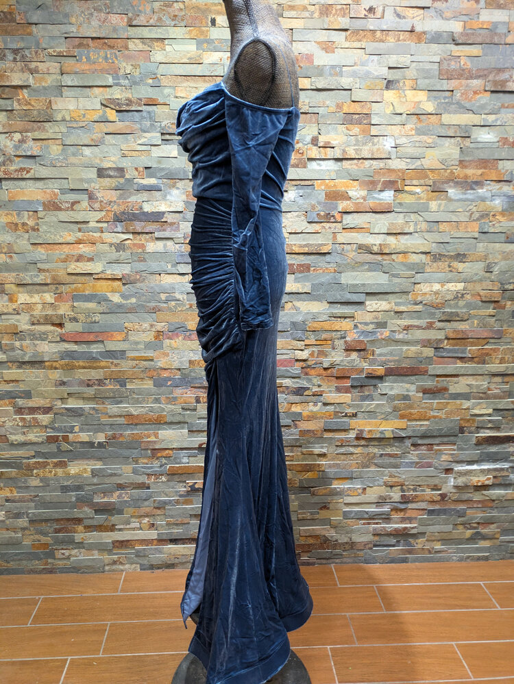 Slate Blue Velvet Draped Bodice Gown