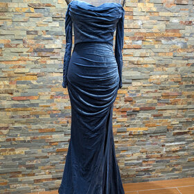 Slate Blue Velvet Draped Bodice Gown