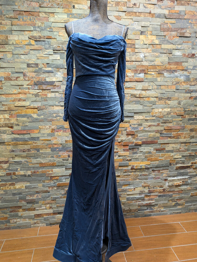 Slate Blue Velvet Draped Bodice Gown