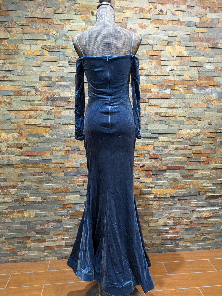 Slate Blue Velvet Draped Bodice Gown