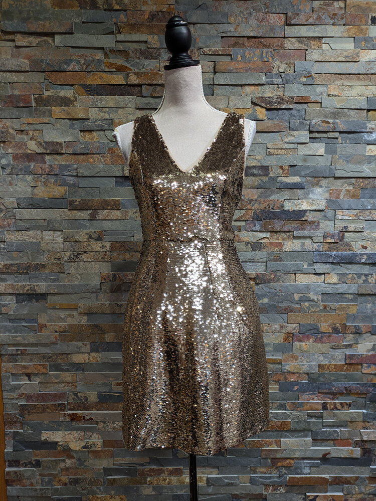 Aidan Mattox Gold Sequin V-Neck Cocktail Dress