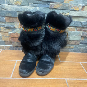 Oscar Black Goat Boots with Embroidered Trim, Size 39 (7.5)