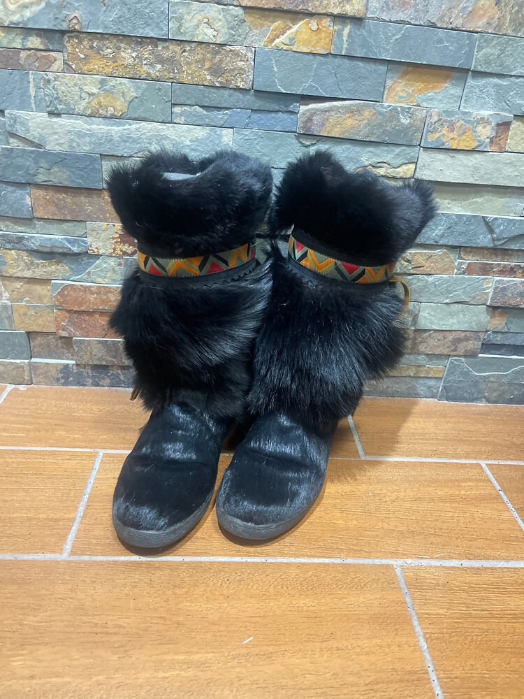 Oscar Black Goat Boots with Embroidered Trim, Size 39 (7.5)