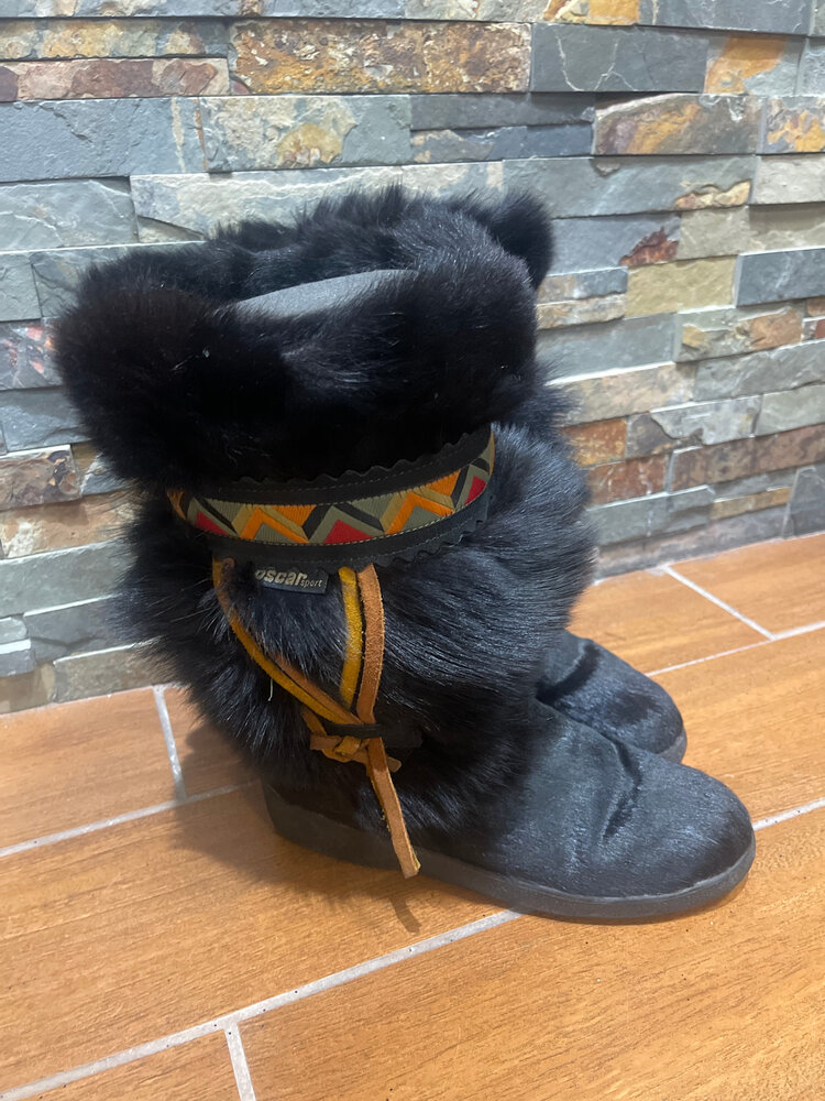 Oscar Black Goat Boots with Embroidered Trim, Size 39 (7.5)