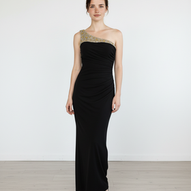 Caché Black Ruched Gown with One Shoulder and Jeweled Neckline, Size 0