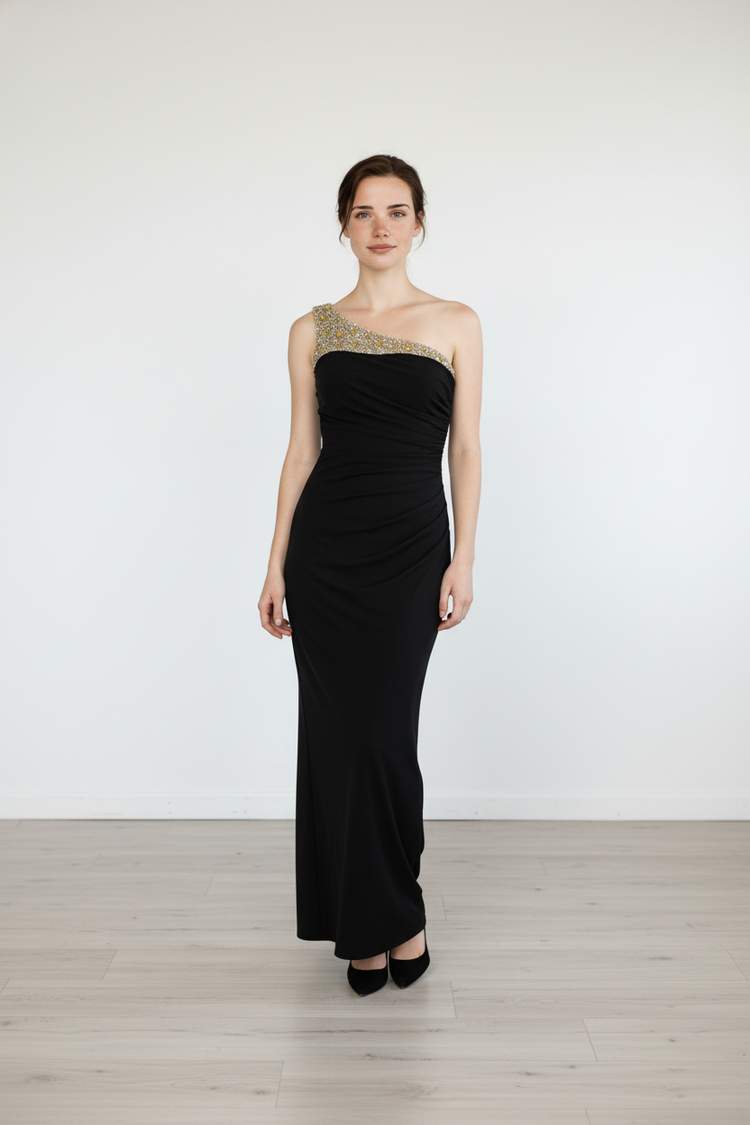 Caché Black Ruched Gown with One Shoulder and Jeweled Neckline, Size 0