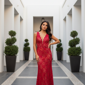 Xscape Red Lace Gown with Nude Undertone and Keyhole Back, Size 6