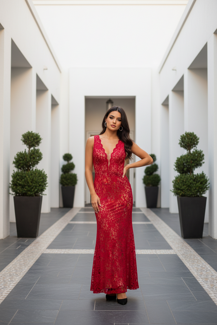 Xscape Red Lace Gown with Nude Undertone and Keyhole Back, Size 6