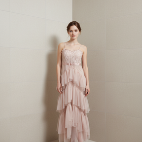 City Studio Pale Pink Ruffled Gown with Lace Corset, Size 0