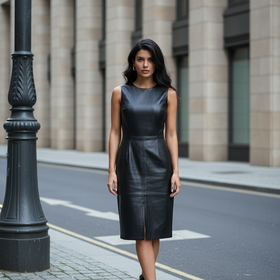 Halogen Black Leather Sleeveless Dress with Front Slit, Size 8