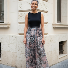 Aidan Mattox Black Jersey Top with Floral Organza Skirt Gown, Size 12