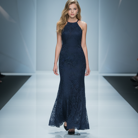 Xscape Navy Lace Gown with Halter Top and Cross Back, Size 4